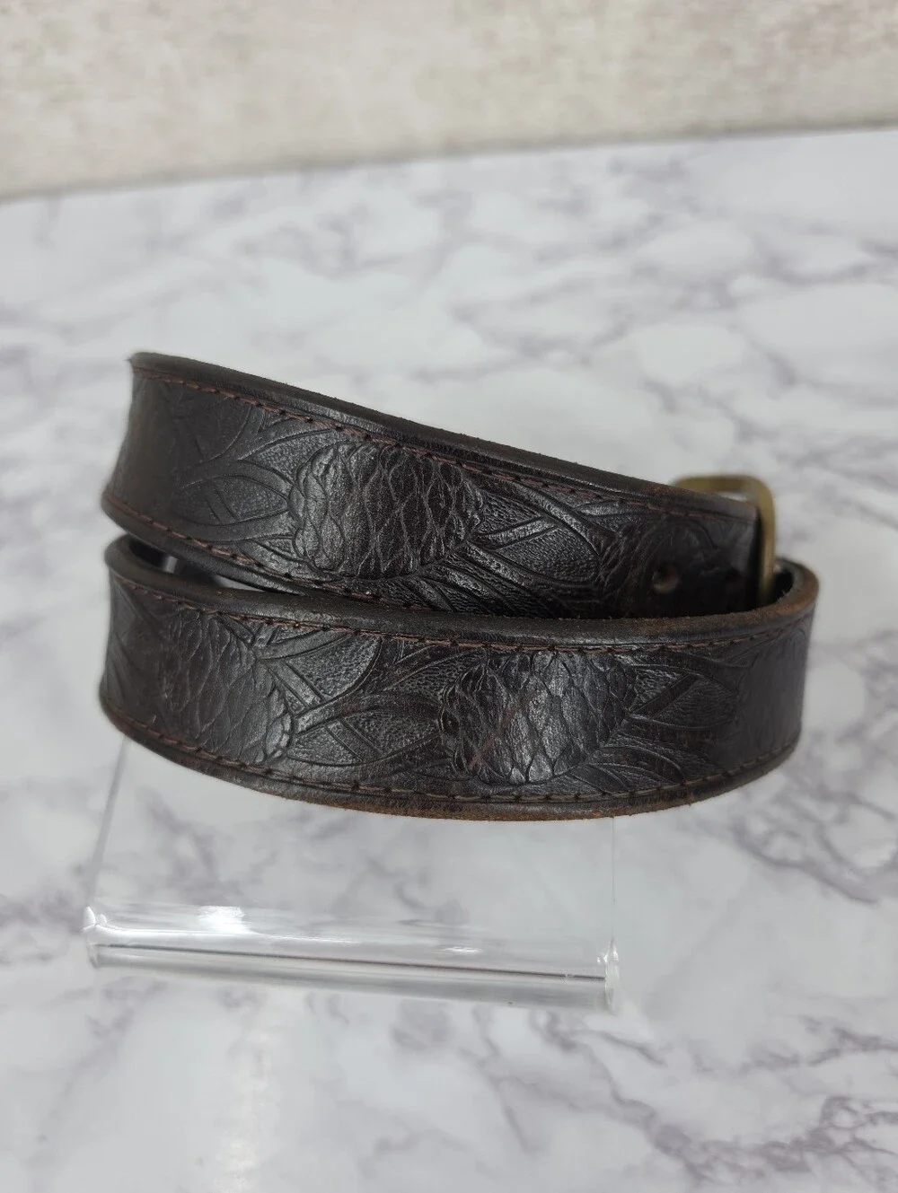 Vintage Western Tooled Sequoia Pine Cone Leather Belt Brass Buckle